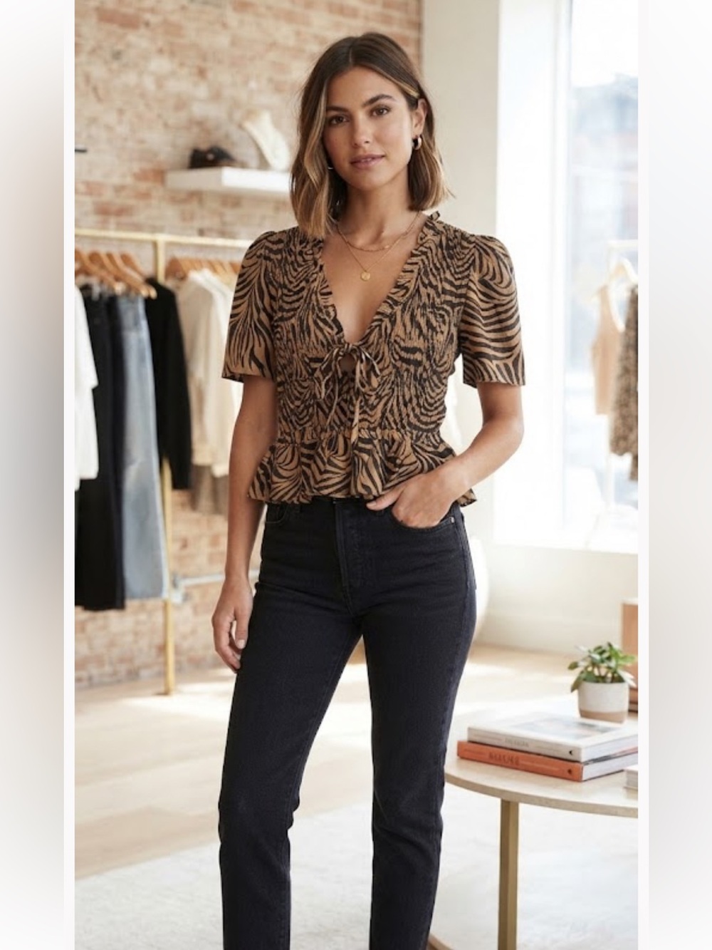Rails Tan and Black Zebra-Print Tie Front Peplum Top